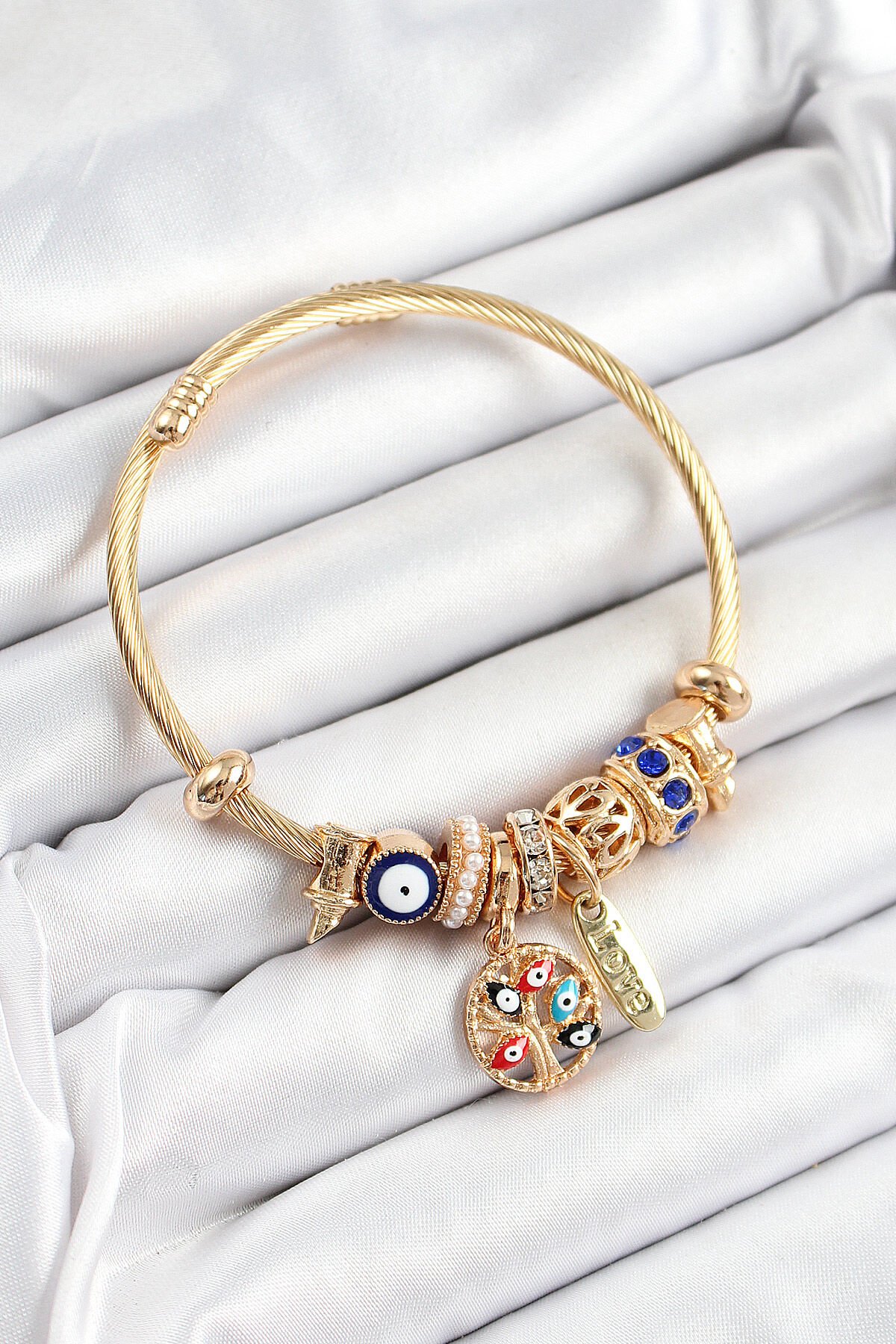 316L Çelik Lacivert Nazarlı Zirkon Taşlı İnci Detaylı Hayat Ağacı Model Gold Renk Charm Bileklik