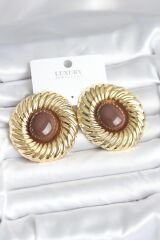 Pirinç Gold Renk Kahverengi Boncuklu Vintage Kadın Küpe