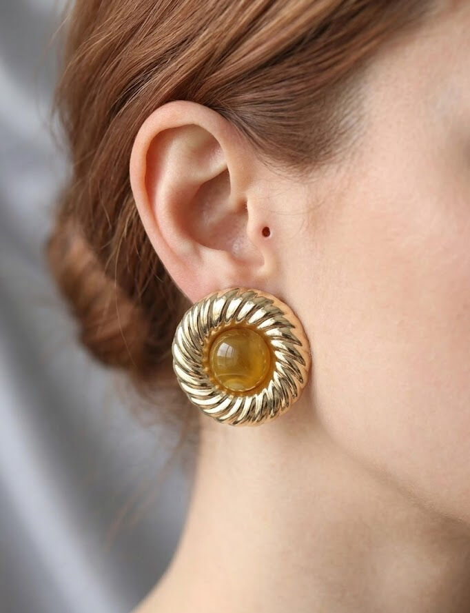 Pirinç Gold Renk Kehribar Boncuklu Vintage Kadın Küpe