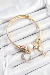 316L Çelik Beyaz Zirkon Taşlı Anahtar Ve Kalp Model Gold Renk Charm Bileklik