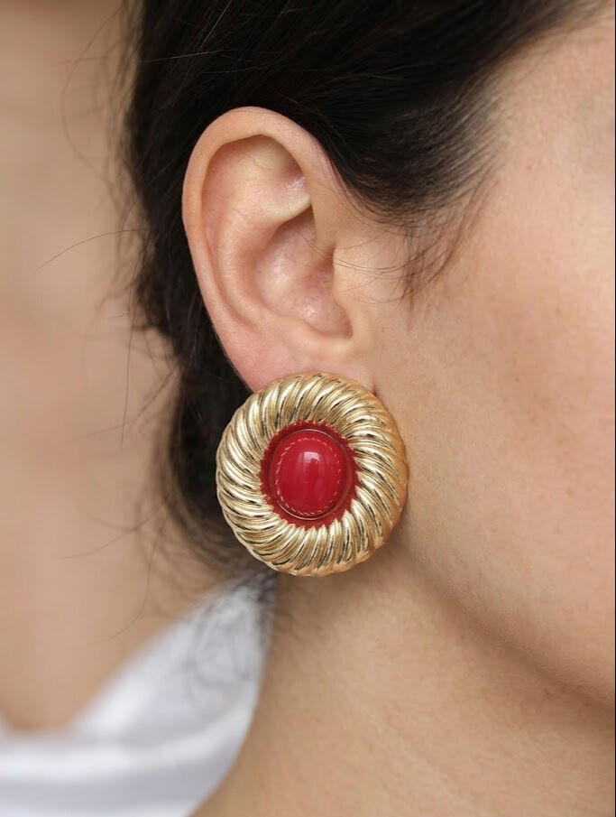 Pirinç Gold Renk Bordo Boncuklu Vintage Kadın Küpe