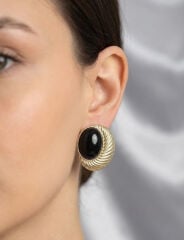 Pirinç Gold Renk Siyah Boncuklu Oval Vintage Kadın Küpe