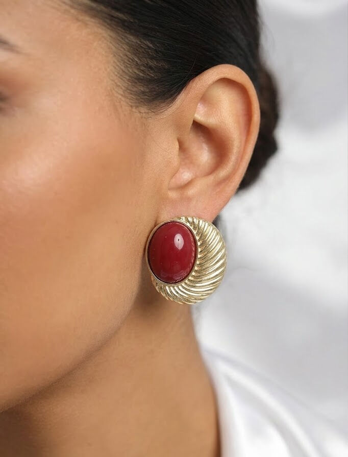 Pirinç Gold Renk Bordo Boncuklu Oval Vintage Kadın Küpe