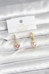 Pirinç Gold Pembe Renk Zirkon Taşlı Kalp Model Kadın Küpe