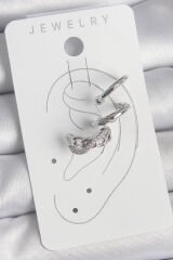 Pirinç Gümüş Renk Zirkon Taşlı 3'Lü Model Sonsuzluk Zincir Model Kıkırdak Küpe