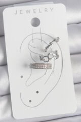 Pirinç Gümüş Renk Zirkon Taşlı 3'Lü Model Kare Bambu Model Kadın Kıkırdak Küpe