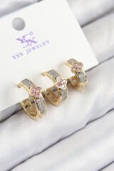 Pirinç Zirkon Taşlı 3'lü Halka Yonca Model Gold Ve Gümüş Renk Kadın Küpe