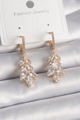 Pirinç Gold Renk Zirkon Taşlı Sallantı Yaprak Model Kadın Küpe