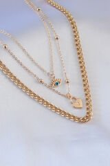 Gold Renk 3'lü Zincir Model Kilit Kalp Figür Göz Detay Kadın Kolye