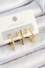 Pirinç Zirkon Taşlı Yıldız Model Gold Renk 3'lü Çift Kadın Küpe Set