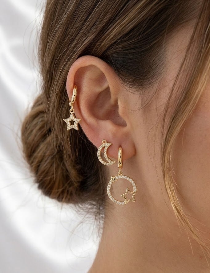 Pirinç Zirkon Taşlı Yıldız Ve Ay Model Gold Renk 3'lü Çift Kadın Küpe Set
