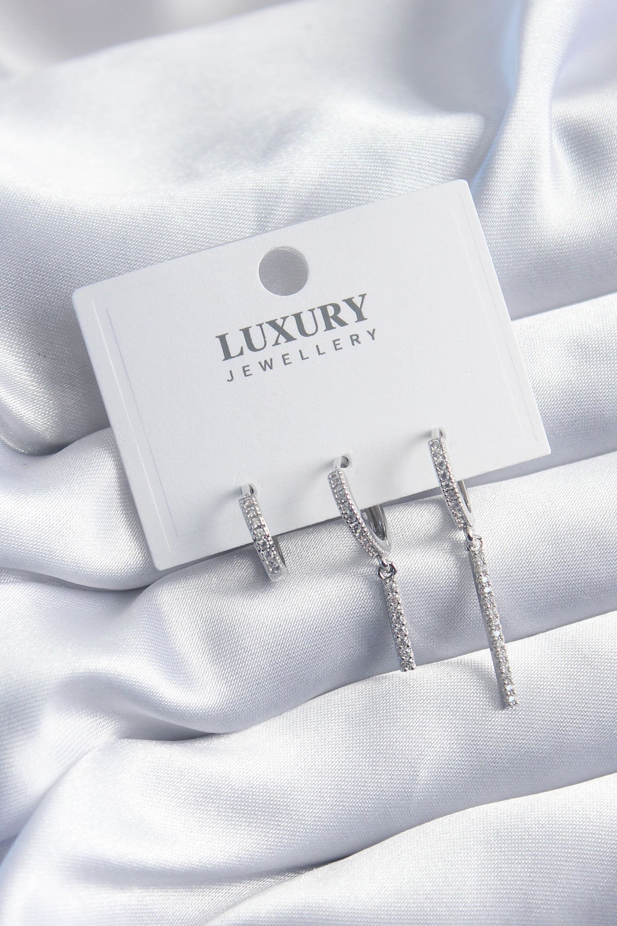 Pirinç Gümüş Renk Zirkon Taşlı Sallantı Model 3'lü Kadın Küpe Seti