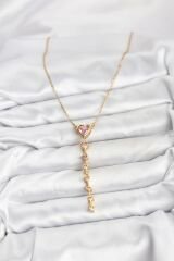 316L Çelik Zincir Gold Renk Pembe Kalp Kadın Kolye