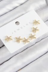 Pirinç Zirkon Taşlı Deniz Yıldızı Model Gold Renk 925 Ayar Gümüş Çivi Kadın Küpe Set