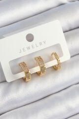 Pirinç Zirkon Taşlı Halka Model Gold Renk 3'lü Çift Kadın Küpe Set