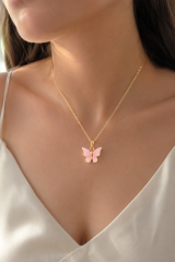 Gold Kaplama Pembe Sedefli Kelebek Kolye